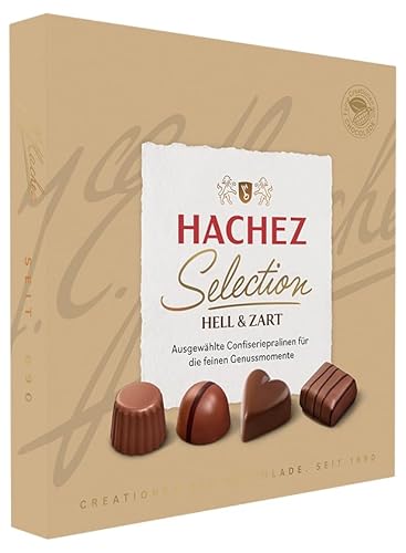 HACHEZ Sélection Hell & Zart 125g – 12 edle Confiserie Pralinés mit cremigen Füllungen, feine Milchschokoladen Pralinen aus Edelkakao, Premium Geschenkbox zum Genießen & Verschenken