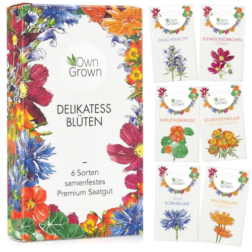 Essbare Blumen Samen Set von OwnGrown Delikatess Blüten Blumensamen Set mit 6 Sorten Blumen Saatgut - Essbare Blüten Samen für Torte - Blüten Tortendeko