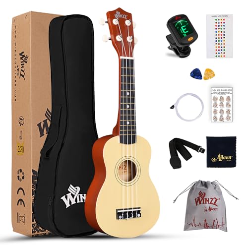 Winzz Sopran Ukulele Starter Kit für Anfänger, mit Tasche, Clip-On Tuner, zusätzlichen Saiten, Gurt, Plektron, Griffbrettaufkleber, Akkord-Karte, Poliertuch, Natur