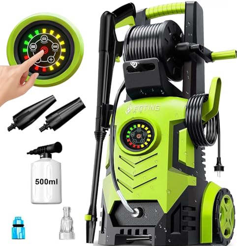 Hochdruckreiniger 8-stufiger Touchscreen 6-in-1-Düse, Druck: 100-200bar, Fördermenge: 280-500l/h, Flächenleistung: 60m²/h, Wassersparend, mit Schaumkanone und Schlauchtrommel, Autos und Einfahrten
