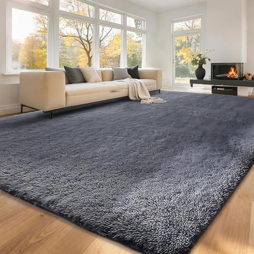 ZRSDIXKI Hochflor Teppich Wohnzimmer 120x180 cm Dunkelgrau | Flauschiger Langflor Shaggy Teppich Anti-Rutsch, Weicher Einfarbiger Teppich für Schlafzimmer Kinderzimmer