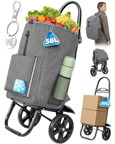 Homecall Einkaufstrolley Klappbar Einkaufswagen mit 55L + 5L kühlfunktion Bis 50KG, Einkaufstasche mit Rollen 3 in 1 Shopping Trolley & Sackkarre & Rucksack (Dunkelgrau)