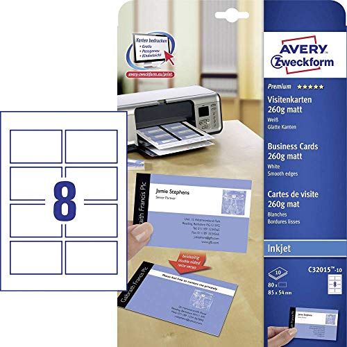 AVERY Zweckform C32015-10 Premium Visitenkarten, blanko (100 Stück, 260g, 85x54 mm, beidseitig bedruckbar, matt weiß, absolut glatte Kanten, 10 Blatt) zum Selbstbedrucken auf Inkjet-Druckern