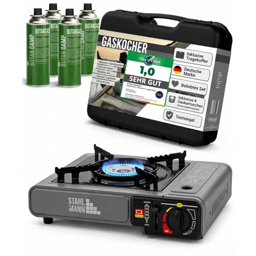 STAHLMANN® Gaskocher [inkl. 4x Gaskartuschen 227 g] – Campingkocher mit Gaskartusche - Gaskocher mit Kartusche mit Piezozündung - Notfall Ausrüstung