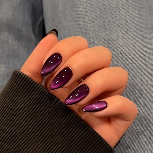 KQueenest Cat Eye Press On Nails - Schwarz Nägel zum Aufkleben Mandel Mittel, Sparkle Glitzer Violett Fake Nails Set, Luxus Bling Acryl Künstliche Fingernägel zum aufkleben für Frauen, 30 Stück