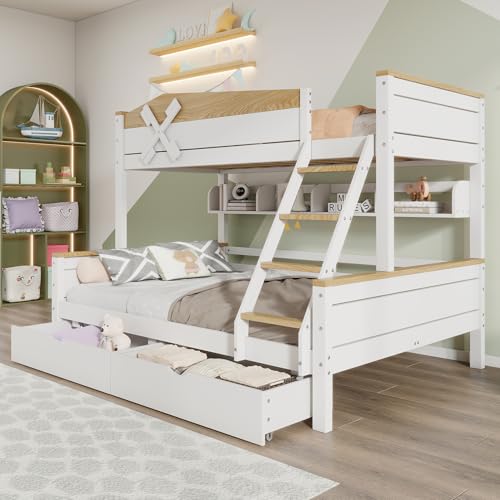Rtopsu Kinderbett Etagenbett 90x200 cm & 140x200 cm mit Stauraum und Leiter,Hochbett mit Windmühle Hausbett Baumhaus Bett mit Lattenrost aus Holz und Rausfallschutz für 2-3 Kinder Weiß,Ohne Matratze