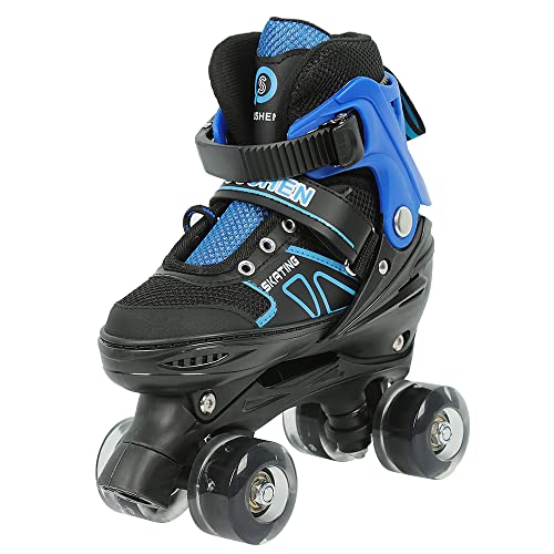 Belfoyer Verstellbare Kinder Rollschuhe 4-Rad, Doppelreihe ohne Licht, Rollschuhe für Mädchen & Jungen, Größen S anpassbar, Anfänger geeignet(Blau)