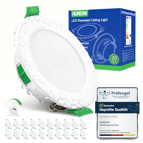 HOMEOW 20er Set LED Einbaustrahler 230V Dimmbar, Led Spots 68mm - 80mm Lochmaß, IP44 Einbaustrahler LED 5W 400LM Warmweiß Neutralweiß Kaltweiß, 24mm Ultra Flach Deckenspots für Badezimmer Küche