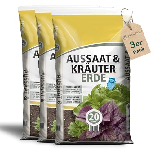 Anzuchterde torfreduziert 60 Liter (3 x 20 Liter) - Aussaaterde für Samen - optimale Versorgung durch perfekte Zusammensetzung - Kräutererde Blumenerde Pflanzerde für Blumen und Kräuter