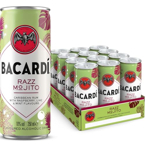 BACARDÍ Razz Mojito, 10% vol., 12 x 25 cl/250 ml, Ready-To-Drink Cocktail in der Dose, trinkfertig mit BACARDÍ Razz Rum, Himbeeren, Minze und Limette
