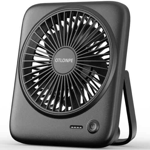 Otlonpe Tischventilator Leise, 4000mAh Akku Tisch Ventilator Tragbar, 4-Speed Tischventilatoren Klein, 180° Klappbarer USB Ventilator für Büro, Schlafzimmer, Reisen
