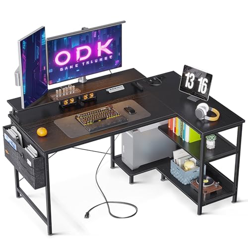 ODK Gaming Tisch L Form, 120x80cm Schreibtisch L Form mit Regal Reversibe, Eckschreibtisch mit USB Ladeanschluss & Steckdose, Ecktisch mit Monitorständer für Büro, Heimbüro, Schwarz