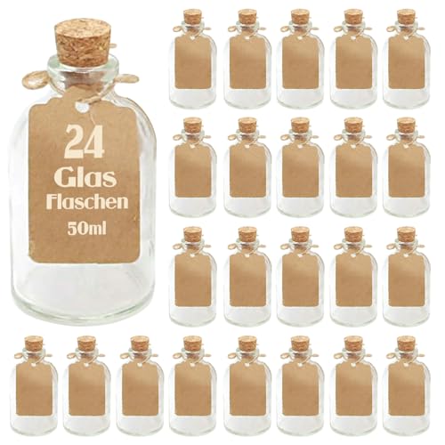 casavetro 24 Stück kleine Glasflaschen mit Korken 50ml – Mini Glasfläschchen zum Befüllen – Kleine Fläschchen mit Etiketten & Jute-Schnur für Deko, Gastgeschenke, DIY, Hochzeit