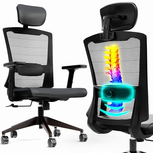 Arebos Bürostuhl Ergonomisch, Schreibtischstuhl mit Verstellbarer Kopfstütze, Armlehnen, Lendenwirbelstütze, Drehstuhl Wippfunktion, Chefsessel aus Mesh,Rückenschonend, Bürostuhl 136kg