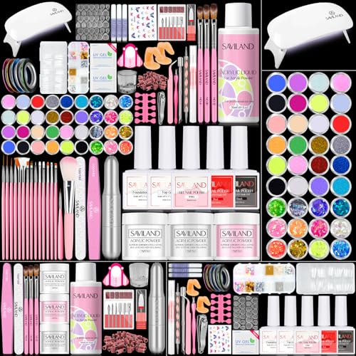 SAVILAND Acryl Nagelset Nagelstudio Set mit Nagelfräser und UV Lampe für Gelnägel , Acrylpulver mit Acryl Liquid für Anfänger Selber Machen Acrylnägel, Nageldesign Nagelset Nail Art Geschenke Frauen