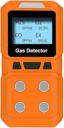 Gasdetektor GiiHoo 4 Gasdetektor für H2S, O2, CO und EX, tragbarer visueller Gasmonitor mit Schalllicht, Vibration, LCD-Display, wiederaufladbares Multi-Gas-Detektor-Messgerät (Orange)