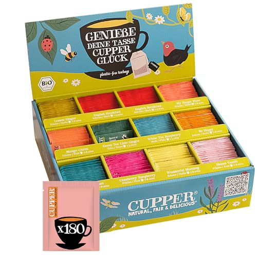 CUPPER Bio Tee Probierbox – 180 Teebeutel, 11 Sorten Kräuter-, Früchte- & Grüntee – Fair Trade, plastikfrei, buntes Geschenkset für Teeliebhaberinnen