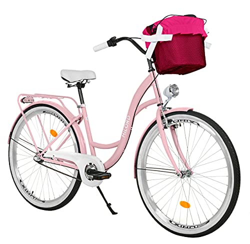 MILORD. Komfort Fahrrad mit Korb, Hollandrad, Damenfahrrad, 3-Gang, Rosa, 28 Zoll