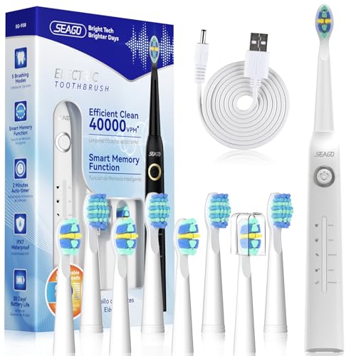 Seago Elektrische Zahnbürste, Schallzahnbürste mit 40000VPM weißen Ihre Zähne in zwei Wochen, USB wiederaufladbar, mit persönlichen 5-Modi und 8-Köpfen, Elektrische Schallzahnbürste, SG-958(Weiß)