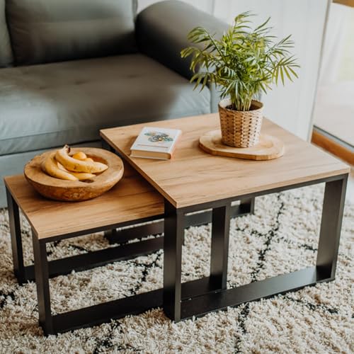 LEHMANN Wohnzimmertisch Holz, Couchtisch 2er Set in 2 Größen, Beistelltisch Holz, Wohnzimmer Tisch für Couch mit Schwarzem Gestell und Holzplatte, beistelltische fürs Wohnzimmer Set, Simple modern