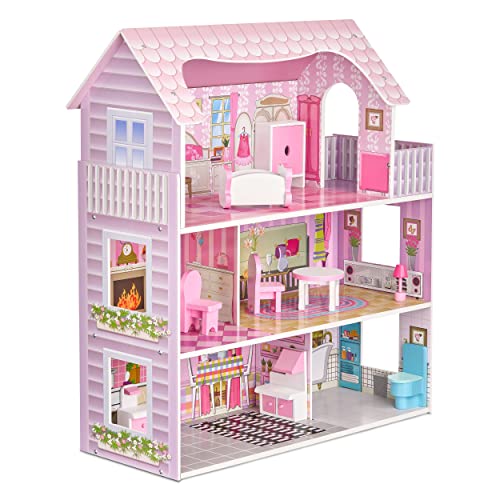 Balinco Puppenhaus aus Holz für Kinder ab 3 Jahre – Dollhouse mit Miniaturmöbeln – Großes Holzspielzeughaus mit 3 Etagen & 5 Zimmern – Pädagogisch wertvolles puppenstube mit Balkon & Zubehör