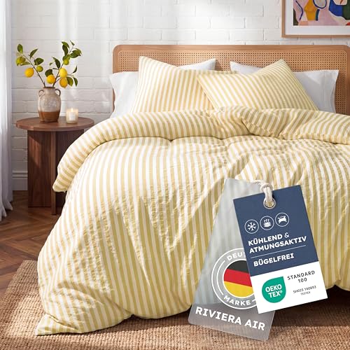 Blumtal Premium Seersucker Bettwäsche 135x200 cm + 80x80cm - Oeko-TEX zert. Bettwäsche Baumwolle 135x200 cm luftig Leichter Viskose-Baumwoll-Mix 50/50 - Sommerbettwäsche sanft & kühlend