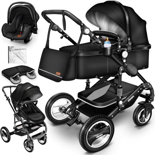 KIDUKU® 3 in 1 Kinderwagen XXL Komplettset | Kombikinderwagen Set inkl. Babywanne Buggy Sportsitz & Auto-Babyschale Fußsack | Vollgummireifen Wickeltasche Handwärmer Regenschutz Kindertisch ECE R129