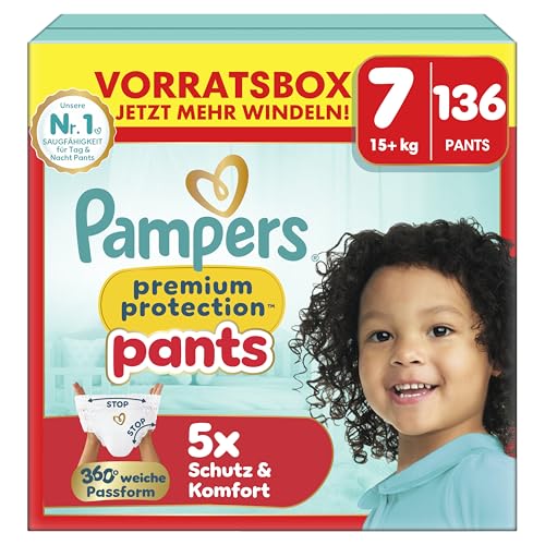 Pampers Premium Protection Pants Größe 7, 136 Windeln, 15kg+, mit 360° Passform und weichen Anti-Auslaufbündchen für unseren besten Komfort und Schutz