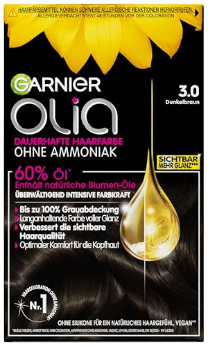 Garnier Olia Dauerhafte Haarfarbe ohne Ammoniak, Mit pflegenden und natürlichen Ölen, Vollständige Grauhaarabdeckung, Permanente Coloration, Nr. 3.0 Dunkelbraun, 1er pack