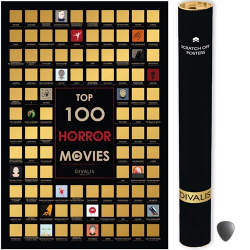 Divalis Großes Rubbel Poster der 100 Horrorfilme - Horrorplakat Abkratzen - Liste des unverzichtbaren Horrors aller Zeiten - Muss Horrorfilme Kratzen Sehenl Poster - Scratch off Horror Movies