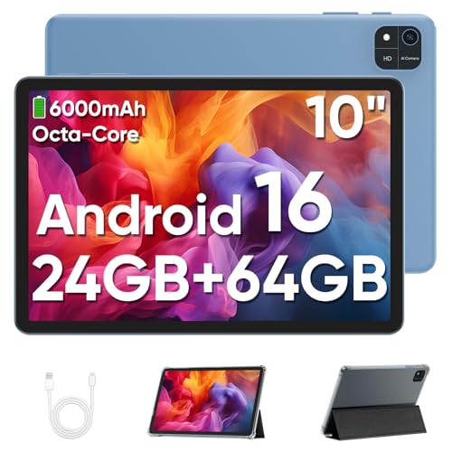 TUOHAITIME Android 16 Tablet 10 Zoll,24GB RAM+64GB ROM 2TB erweiterbar Tablet,Bildschirmauflösung 1280p,Unisoc T606 Octa-Core Prozessor,WiFi 6/Dual-Kamera/Face ID/GPS/6000mAh Akku (Blau)