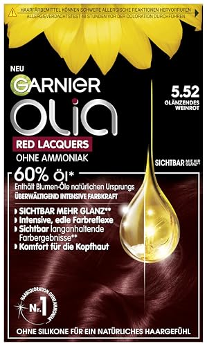 Garnier Olia Red Lacquers Dauerhafte Haarfarbe in 5.52 Glänzendes Weinrot, Öl-basierte Formel für langanhaltendes Rot, 60g, 60g, 54ml
