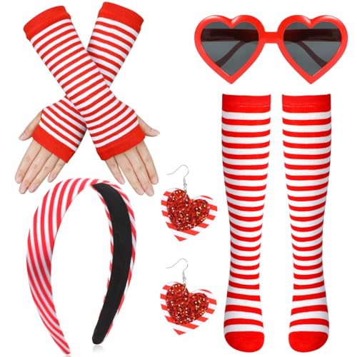 HOWAF Karneval Kostüm Köln Haarreif Rot Weiß, Handschuhe, Strümpfe, Herz Brille, Ohrringe für Kölner Rot Weiss Karneval Damen, Kölle Faschingskostüme, Fasching Kostüm, Set A