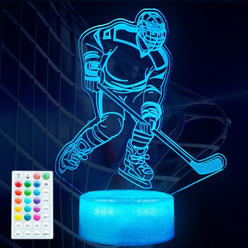 POSSHE Hockey-Nachtlicht, Eishockey-Geschenke, Hockey-3D-Lampe mit Fernbedienung, 16 Farbwechsel, RGB-Flackermodus, Timer und dimmbar, coole Geschenkfigur für Geburtstag und Weihnachten