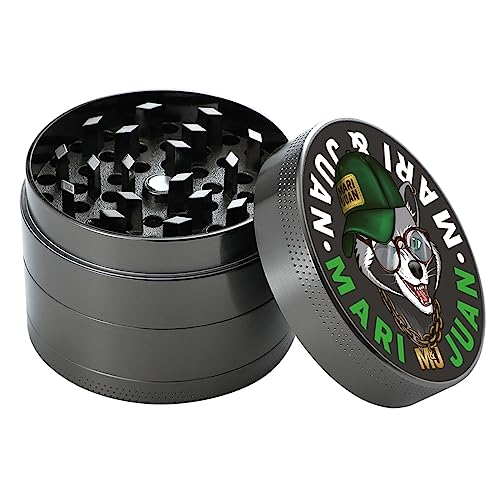Mari & Juan Grinder I 4-teilig I ø 4,8 cm aus hochwertigem Zink I Graue Kräutermühle zum Mahlen von Kräuter, Gewürze, Kaffee, Herb and Spices I Crusher inkl. Pollenschieber