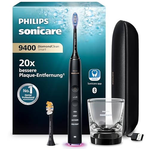 Philips Sonicare DiamondClean Smart 9400 elektrische Zahnbürste, Schallzahnbürste mit App, Drucksensor, Bürstenkopferkennung, 4 Putzmodi und 3 Intensitätsstufen, Schwarz, Modell HX9917/89