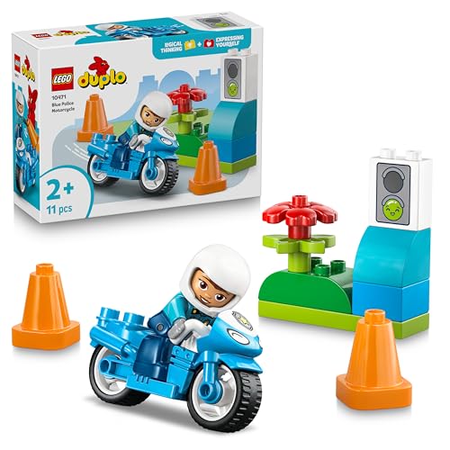 LEGO DUPLO Blaues Polizeimotorrad - Lernspielzeug zur Förderung der Motorik für Kleinkinder - inkl. Motorrad, Polizisten Figur und Verkehrsampel - Geschenk für Jungen und Mädchen ab 2 Jahren - 10471