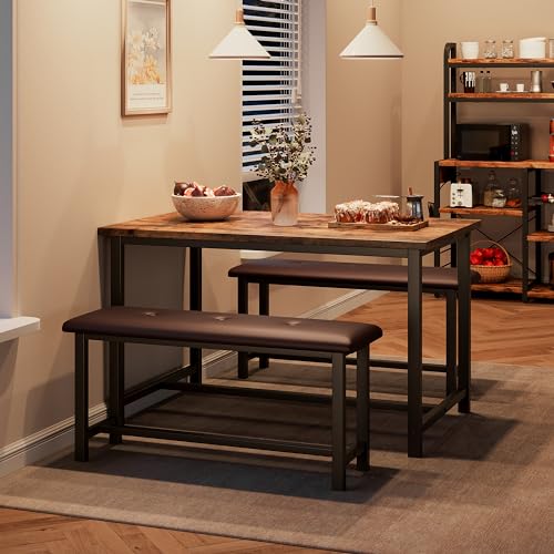 Garvee Essgruppe 3-Teilig, Esstisch Esszimmergruppe mit 2 Polsterbänke& Metallgestell Rechteckig Küchentischset für 4 Personen Wohnzimmer, Esszimmer, Küche, Vintagebraun