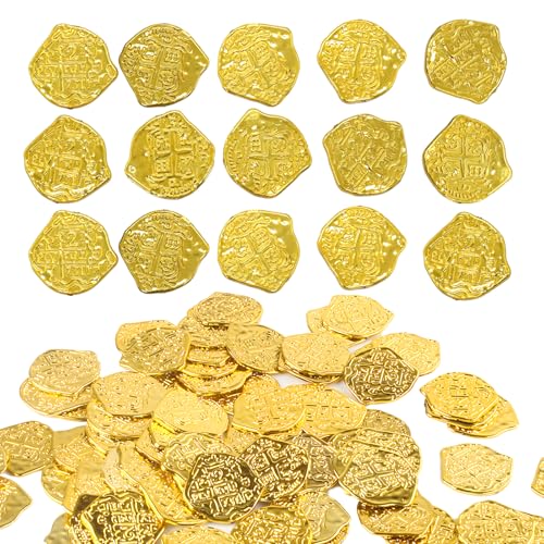 Lufdegim 100 Stück Goldmünzen Piratenschatz Kunststoff Goldmünzen Piratenschatz Piratenparty Dekorationen Goldtaler Schatzsuche Themenveranstaltungen Piraten Kindergeburtstag