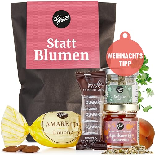 Gepp’s Feinkost Wundertüte Statt Blumen I Geschenkbox als Dankeschön, Geburtstag Mitbringsel für Kollegen I Kleines Geschenkset mit Kräutersalz, Konfitüre, Pralinen I Geschenkidee zu Weihnachten