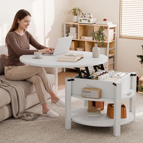 ELUCHANG Couchtisch Rund mit Hebeplatte, Couchtisch Höhenverstellbarer 2 in 1, Beistelltisch Wohnzimmertisch mit Verstecktem Ablagefach Stauraum, für Wohnzimmer/Büro, 80x80cm, Weiß