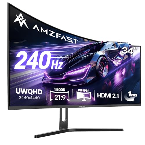Amzfast 34 Zoll Curved Gaming Monitor, 3440x1440 UWQHD, 240Hz, 21:9 VA Panel, 1500R, 1ms MPRT, Adaptive Sync, HDR, DCI-P3 98%, sRGB 130%, Pip/PBP, HDMI2.1 & DP1.4, VESA 75x75mm, AMZG34C5Q Pro