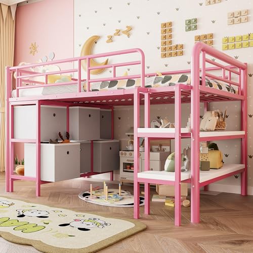 Mrwoo Etagenbett Hochbett 90x200cm, Kinderbett mit Schublade und Offenem Stauraum, Rausfallschutz Geländer und Treppe, Metall, für Geeignet Kinder und Jugendliche (Ohne Matratze) (Pink)