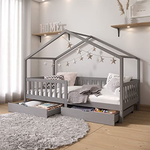 IDIMEX Hausbett ELEA aus massiver Kiefer, Kinderbett mit Rausfallschutz 90x200cm, Spielbett mit Dach in grau