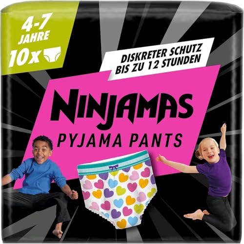 Ninjamas Pyjama Pants Herzen, 10 absorbierende Nachthöschen, 7 Jahre, 17kg-30kg, Auslaufschutz für die ganze Nacht