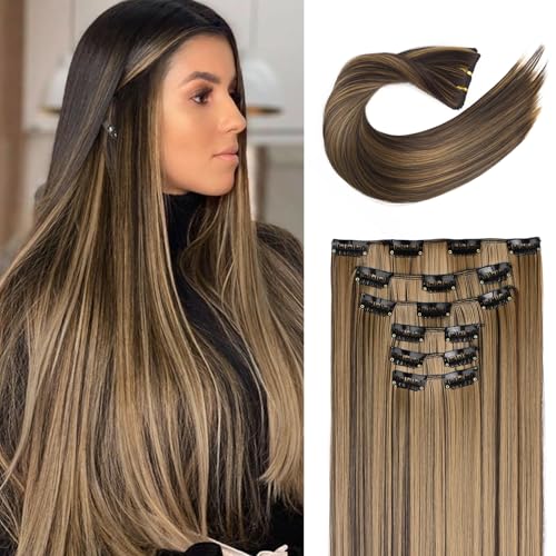 FLUFYMOOZ 6PC Clip in Hair Extensions, 6-teiliges Clip-in-Haarverlängerungsset, 61 cm, glatt, lang, Extensions für Frauen, synthetisches Haarteil (Schokoladenbraun mit blonden Highlights)