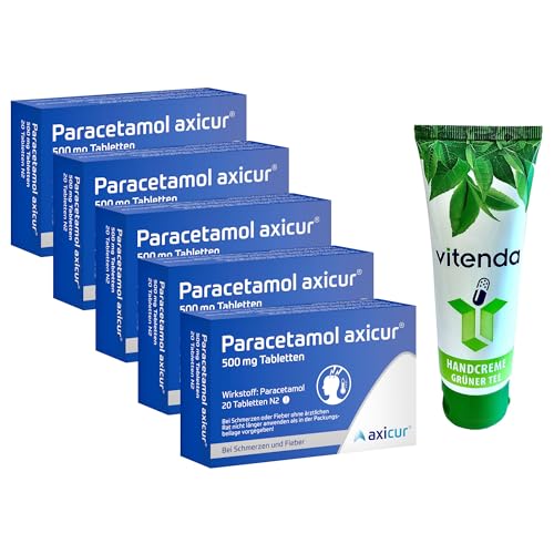 Paracetamol Axicur 500 mg Tabletten 5x20 Stück inclusive einer Handcreme von vitenda - Der gut verträgliche Klassiker hilft gegen Schmerzen und Fieber