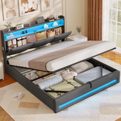 AOGLLATI Polsterbett 140×200 mit Steckdosen und LED-Beleuchtung, Doppelbett mit Stauraum Kopfteil, Bett 140×200 mit Hydraulische Stauraum und Lattenrost aus Holz, Linen, Dunkelgrau（Ohne Matratze）