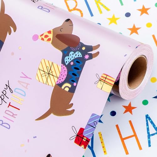 Wikadlik Geburtstags-Geschenkpapier, 43 cm x 10 m, niedlicher Hundeballon-Thema, Alles Gute zum Geburtstag-Schriftzug, rosa Geschenkpapier