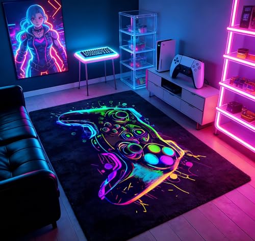 Generisch Gaming Teppich, Waschbar Neonfarbener Gamer Teppich für Spielzimmer, rutschfest Hochflor Teppich mit 3D Visual Controller Motiven, Deko Jugendzimmer Junge, 80x120cm